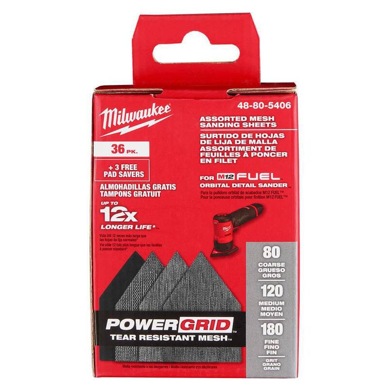 Milwaukee 3-3/4 pulgadas 80-Grit, 120-Grit y 180-Grit Hojas de lija de malla para la lijadora orbital de detalle M12 FUEL (36 piezas) - 48-80-5406