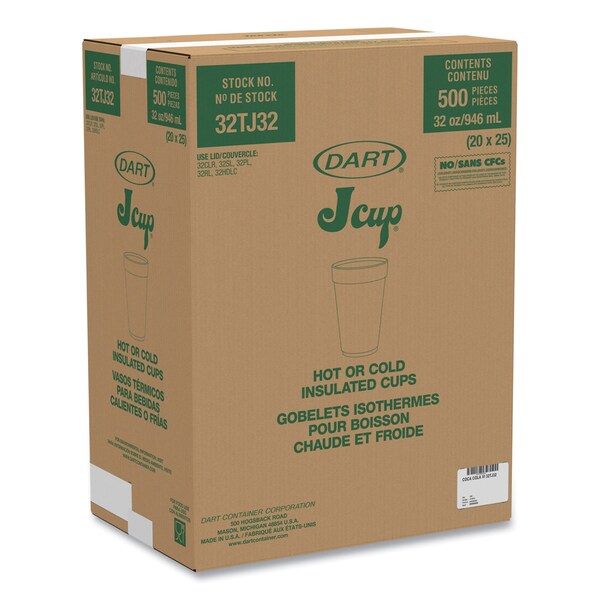 Dart Coca-Cola Foam Cups, Foam, 32 oz, White/Red, 500PK - 32TJ32C