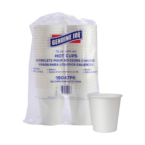 Genuine Joe Genuine Joe Hot Cups, Single Poly-Lined Wall, 12 oz, White, 50PK - GJO19047
