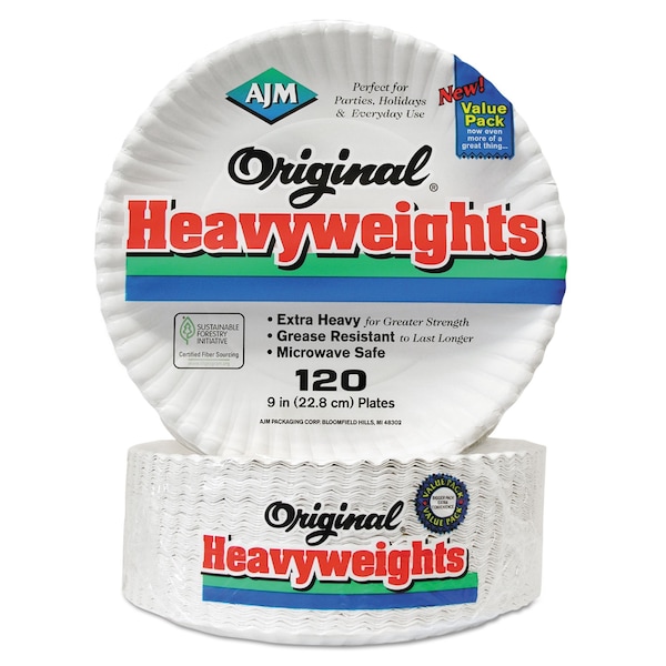 Ajm Packaging Original Heavyweights Paper Plates, 9" dia, White, PK960 - AJM OH9AJBXWH