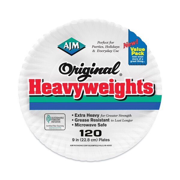 Ajm Packaging Original Heavyweights Paper Plates, 9" dia, White, PK960 - AJM OH9AJBXWH