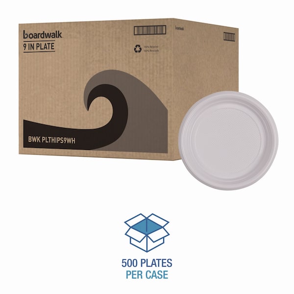 Boardwalk Hi-Impact Plastic Dinnerware, Plate, 9" Diameter, White, PK500 - PLTHIPS9WH