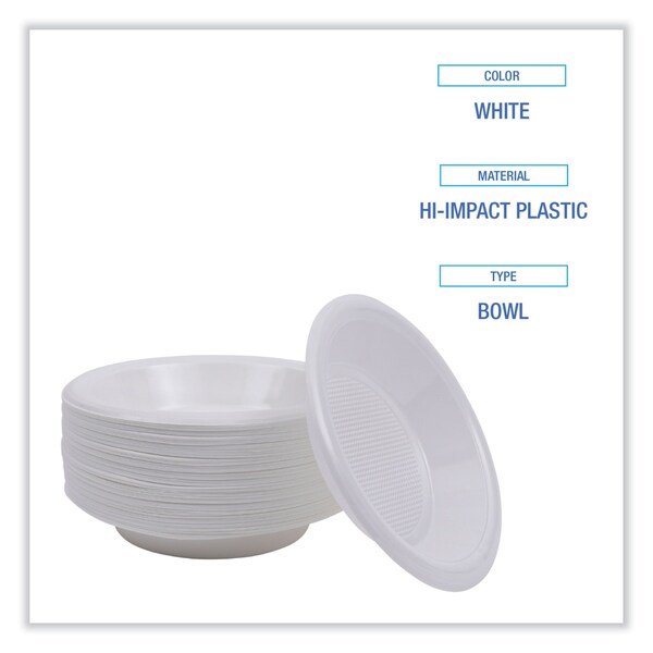 Boardwalk Hi-Impact Plastic Dinnerware, Bowl, 10-12 oz, White, PK1000 - BOWLHIPS12WH