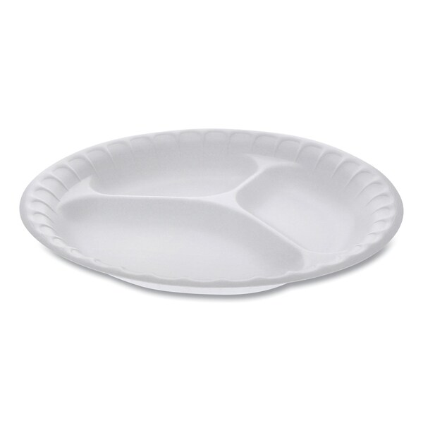 Pactiv Unlaminated Foam Dinnerware, 3-Compartment Plate, 9 Dia, White, PK500 - 0TH100110000