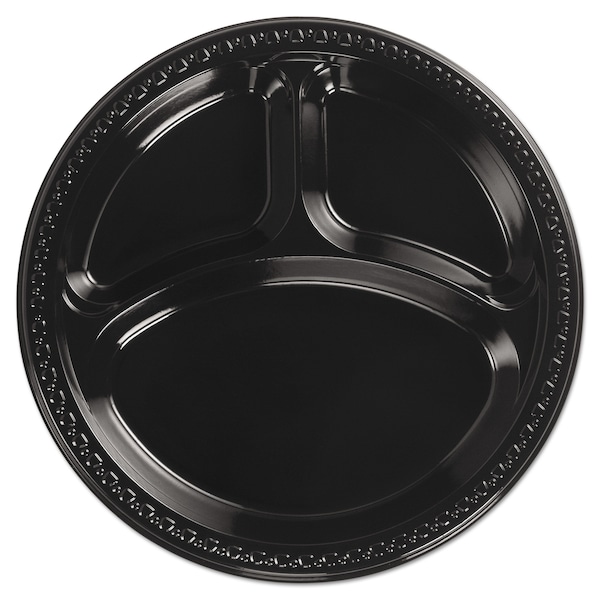 Chinet Heavyweight Plastic 3 Compartment Plates, 10 1/4" Dia, Black, PK500 - 81430