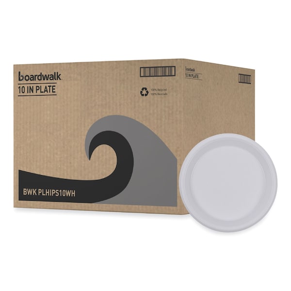 Boardwalk Hi-Impact Plastic Dinnerware, Plate, 10" Diameter, White, PK500 - PLHIPS10WH
