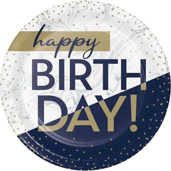 Creative Converting Navy and Gold Birthday Paper Plates, 9", 96PK - 357590