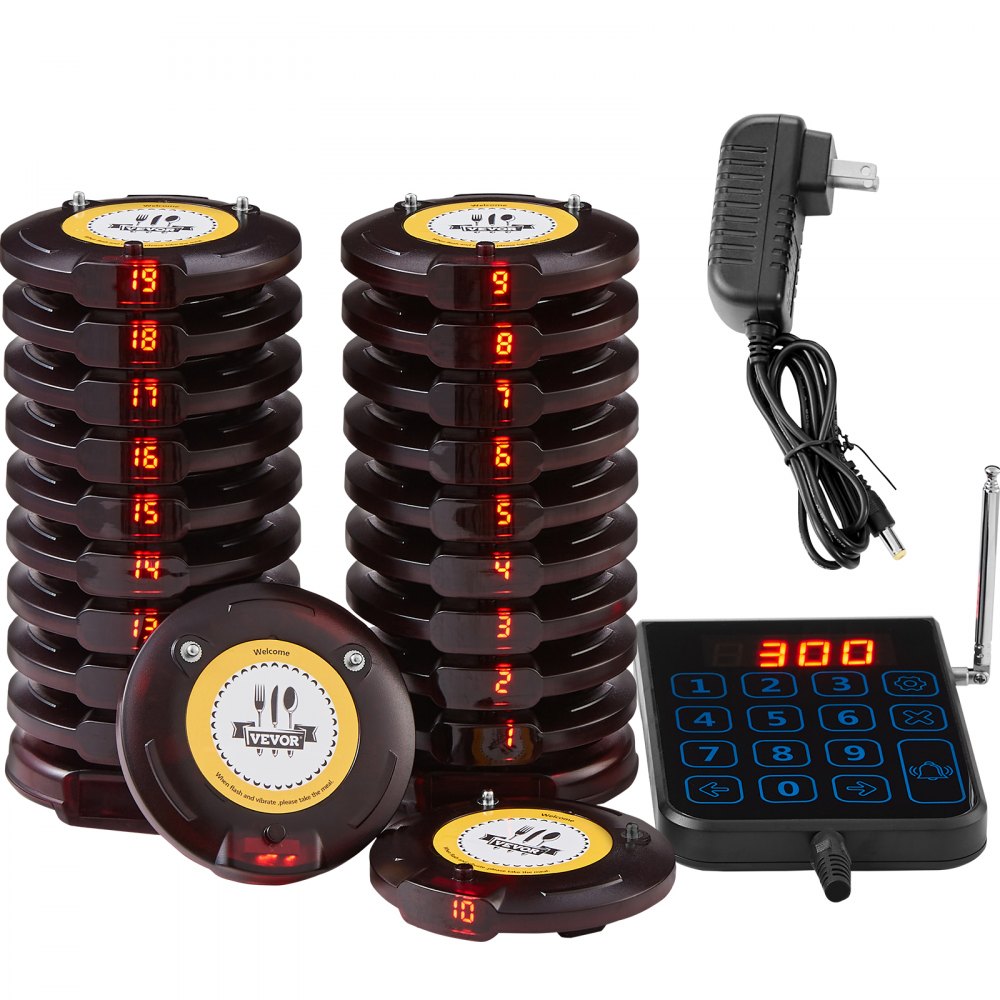 VEVOR Restaurant Pager System, Wireless 500m Long Range Lineup Waiting Queue Signal, Guest Customer Calling Beepers with Vibration & Flashing, 20 Buzzers for Food Truck, Church, Nursery, Hospital - DCPQCQDRCPYXD4Z5MV1