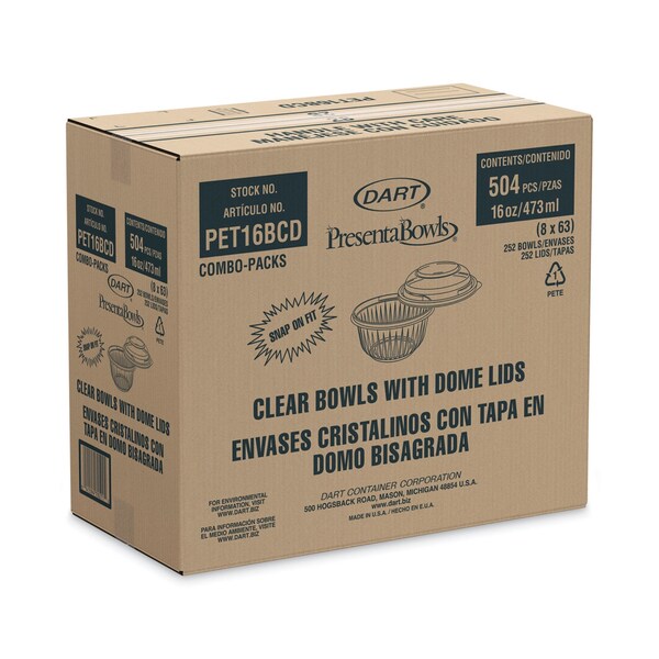 Dart PresentaBowls Bowl/Lid Combo-Paks, 16 oz, 5.38 Diameter x 2.6 h, Clear, Plastic, 252PK - PET16BCD