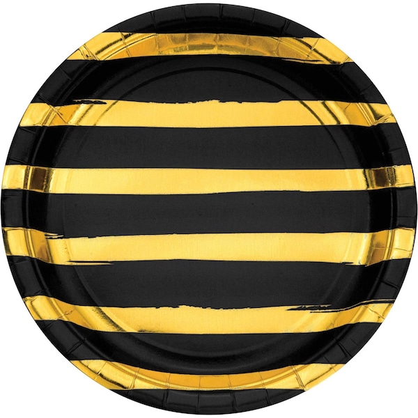Touch Of Color Black and Gold Foil Striped Paper Plates, 9", 96PK - 329933