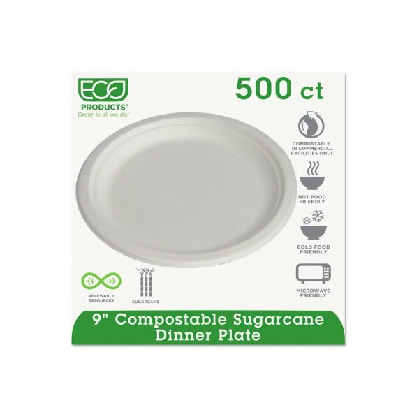 Eco-Products Eco-Products ECOEPP013, Sugarcane Plates, 9" Dia., Natural White, 500/Carton - EPP013