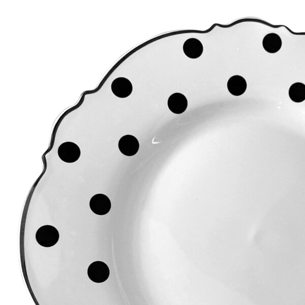 Smarty Had A Party 10.25" White with Black Dots Round Blossom Disposable Plastic Dinner Plates (120 Plates), 120PK - 980-B-CASE