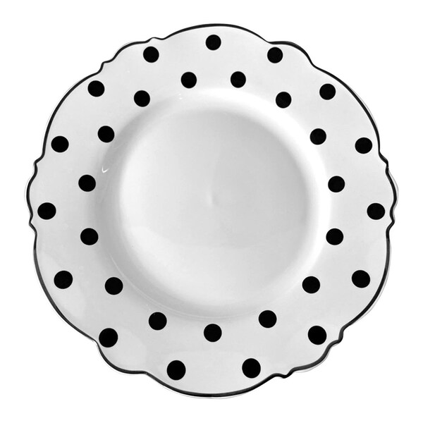 Smarty Had A Party 10.25" White with Black Dots Round Blossom Disposable Plastic Dinner Plates (120 Plates), 120PK - 980-B-CASE