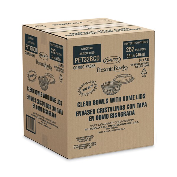 Dart PresentaBowls Bowl/Lid Combo-Paks, 32 oz, 7.25 Diameter x 2.88 h, Clear, Plastic, 126PK - PET32BCD