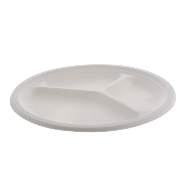 Pactiv Evergreen EarthChoice PFAS Free Compostable Dinnerware, 3-Compartment Plate, 10.25 in. dia, Natural, 500PK - MC50044PFREE