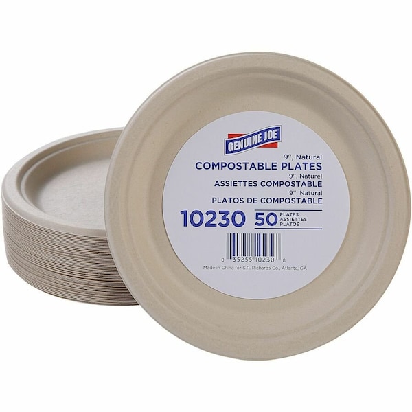 Genuine Joe 9in Compostable Disposable Plates - Natural, 50PK - GJO10230
