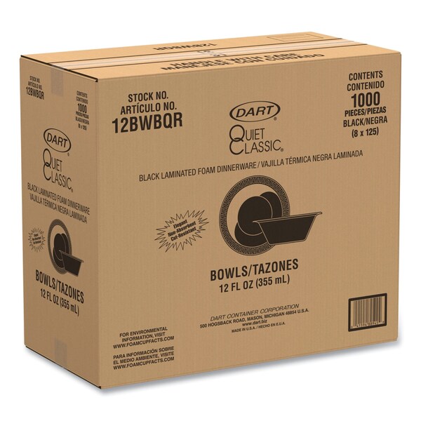 Dart Quiet Classic Laminated Foam Dinnerware, Bowl, 12 in. dia, Black, 1000PK - 12BWBQR
