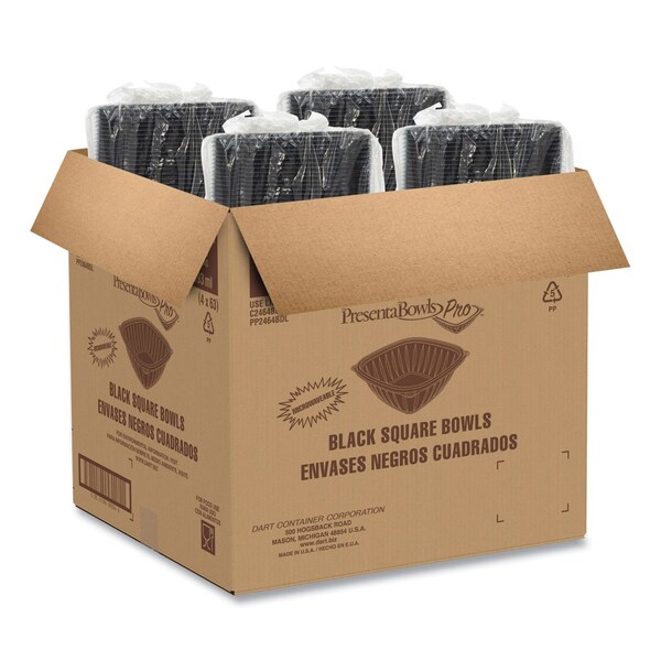 Dart PresentaBowls Pro Black Square Bowls, 64 oz, 8.5 x 8.5 x 3.3, Plastic, 252PK - B64SB
