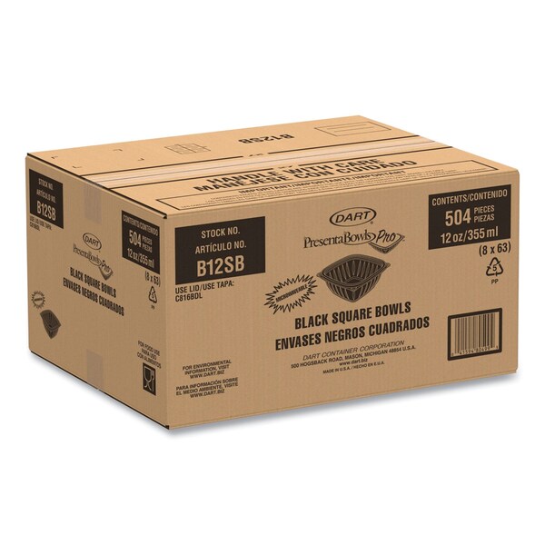 Dart PresentaBowls Pro Black Square Bowls, 12 oz, 5 x 5 x 2, Black, Plastic, PK504, 504PK - B12SB