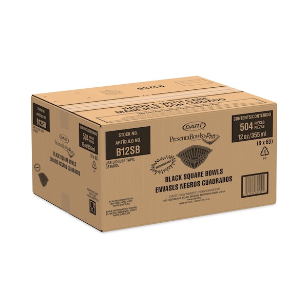 Dart PresentaBowls Pro Black Square Bowls, 12 oz, 5 x 5 x 2, Black, Plastic, PK504, 504PK - B12SB