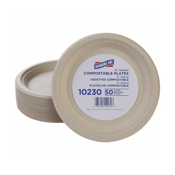 Genuine Joe Genuine Joe Plates, Compostable, 9in, White, 50PK - GJO10230