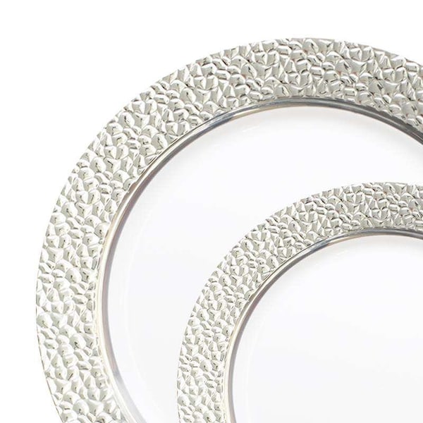 Smarty Had A Party White w/Silver Hammered Rim Plastic Dinnerware Value Set (120 Dinner Plates+120 Salad Plates), 240PK - 850VP-CASE