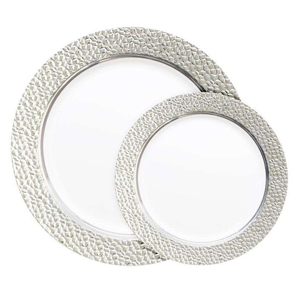Smarty Had A Party White w/Silver Hammered Rim Plastic Dinnerware Value Set (120 Dinner Plates+120 Salad Plates), 240PK - 850VP-CASE