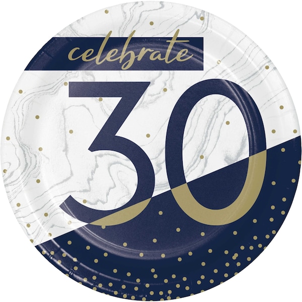 Creative Converting Navy and Gold 30th Birthday Dessert Plates, 7", 96PK - 357592