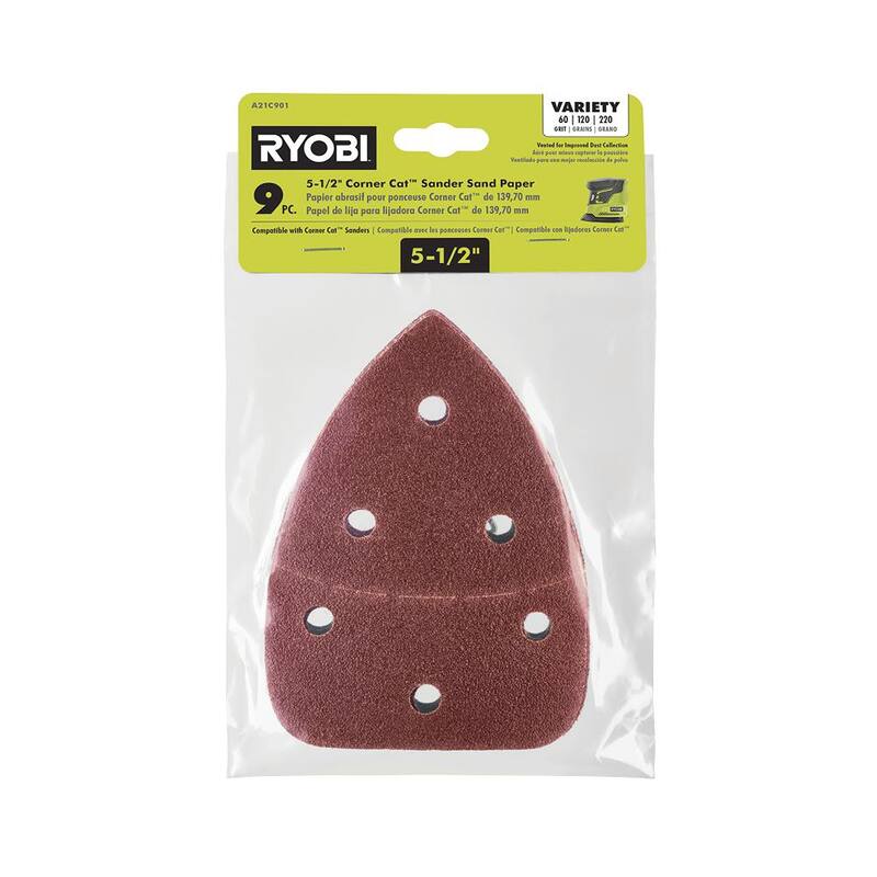 RYOBI Juego de surtido de papel de lija 9 piezas de 5-1/2 pulgadas para esquina Cat - 60, 120 y 220 grano - A21C901