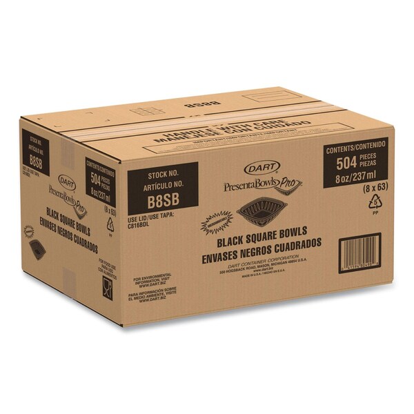 Dart PresentaBowls Pro Black Square Bowls, 8 oz, 5 x 5 x 1.5, Plastic, 504PK - B8SB