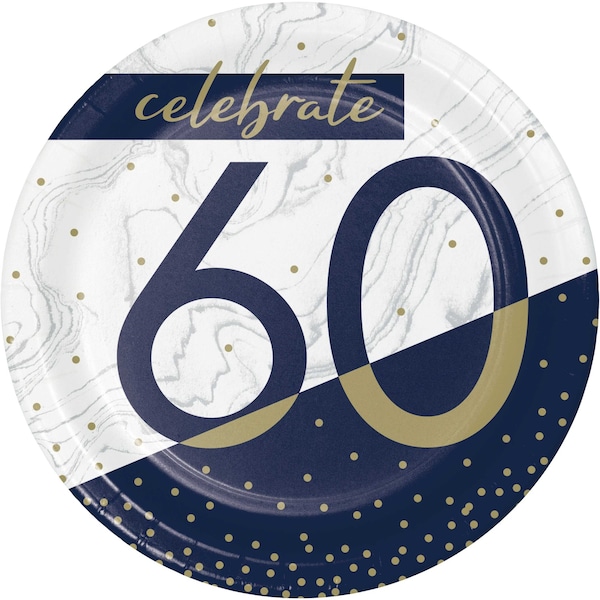 Creative Converting Navy and Gold 60th Birthday Dessert Plates, 7", 96PK - 357595