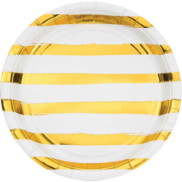 Touch Of Color White and Gold Foil Striped Paper Plates, 9", 96PK - 329958