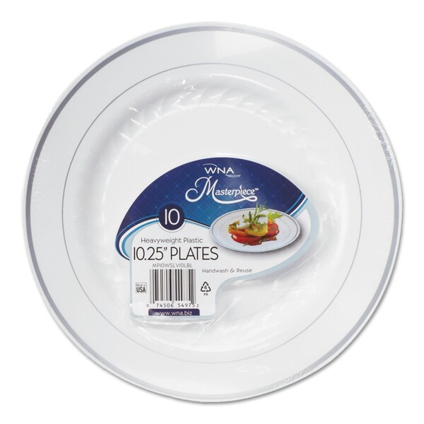 Wna Masterpiece Plastic Plates, 10.25" dia, White/Silver, PK120 - RSM101210WS