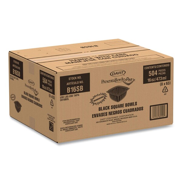 Dart PresentaBowls Pro Black Square Bowls, 16 oz, 5 x 5 x 2.5, Plastic, 504PK - B16SB