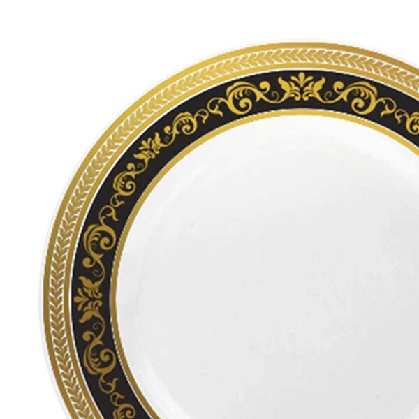 Smarty Had A Party 7.5" White with Black and Gold Royal Rim Plastic Appetizer/Salad Plates (120 Plates), 120PK - 977BG-CASE