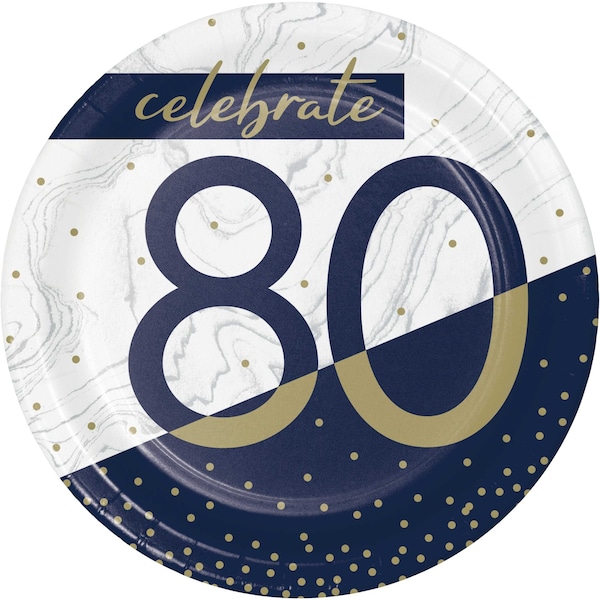 Creative Converting Navy and Gold 80th Birthday Dessert Plates, 7", 96PK - 357597