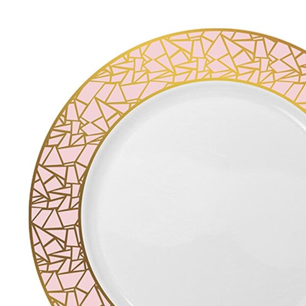 Smarty Had A Party 7.5" White with Pink and Gold Mosaic Rim Round Plastic Appetizer/Salad Plates (120 Plates), 120PK - 897PG-CASE
