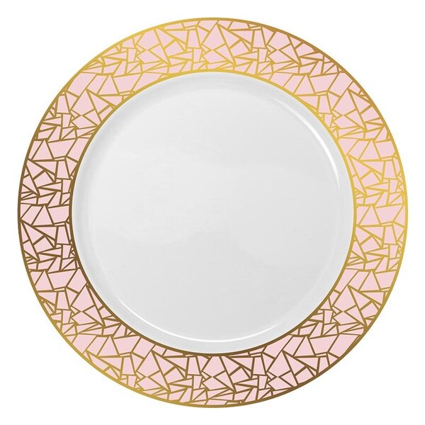 Smarty Had A Party 7.5" White with Pink and Gold Mosaic Rim Round Plastic Appetizer/Salad Plates (120 Plates), 120PK - 897PG-CASE