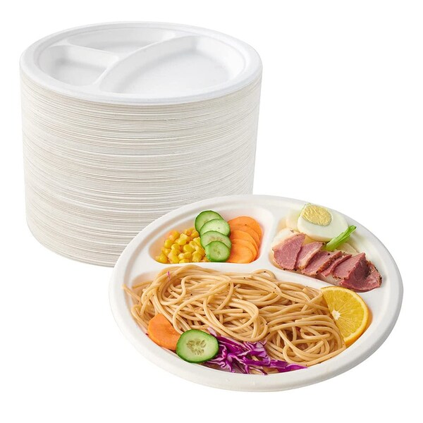 5Seconds Brand Biodegradable Sugarcane Baggase 3 Compartment Plate for Hot & Cold Food, 10in, 500PK - 410114