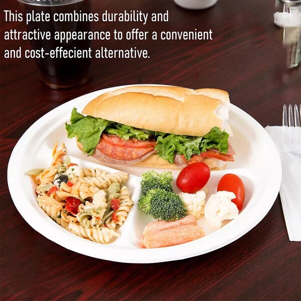 5Seconds Brand Biodegradable Sugarcane Baggase 3 Compartment Plate for Hot & Cold Food, 10in, 500PK - 410114