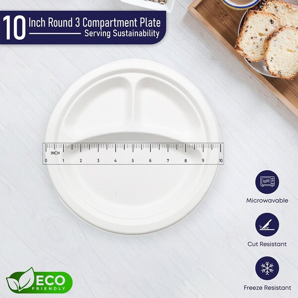 5Seconds Brand Biodegradable Sugarcane Baggase 3 Compartment Plate for Hot & Cold Food, 10in, 500PK - 410114