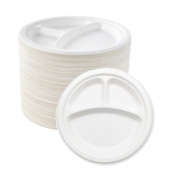 5Seconds Brand Biodegradable Sugarcane Baggase 3 Compartment Plate for Hot & Cold Food, 10in, 500PK - 410114