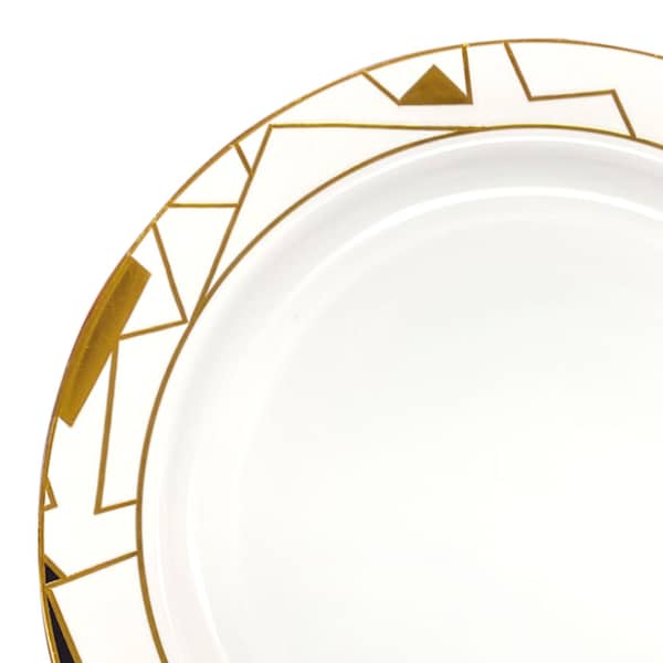 Smarty Had A Party 10.25" White w/Black and Gold Abstract Squares Pattern Round Plastic Dinner Plates, 120 Plates, 120PK - 4810BG-CASE