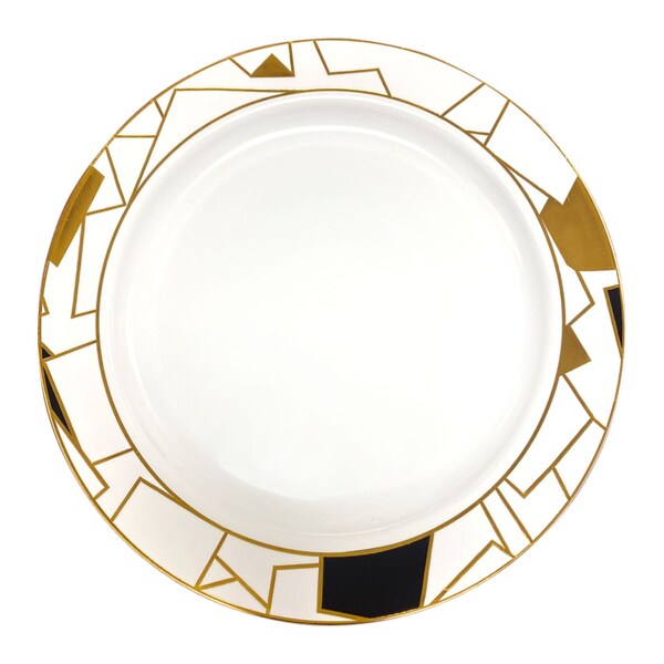 Smarty Had A Party 10.25" White w/Black and Gold Abstract Squares Pattern Round Plastic Dinner Plates, 120 Plates, 120PK - 4810BG-CASE