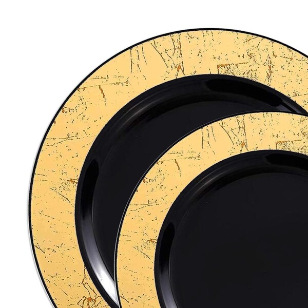 Smarty Had A Party Black w/Gold Marble Rim Plastic Dinnerware Value Set (120 Dinner Plates + 120 Salad Plates), 240PK - 870BGVP-CASE