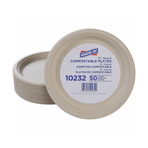 Genuine Joe Genuine Joe Plates, Compostable, 10in, White, 50PK - GJO10232