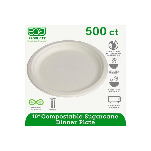Eco-Products Eco-Products, Sugarcane Plate, 10in Dia., Natural White, 500/Carton - EP-P005