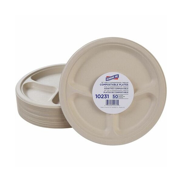 Genuine Joe Genuine Joe Plates, Compostable, 3-Comp, 10in, White, 50PK - GJO10231