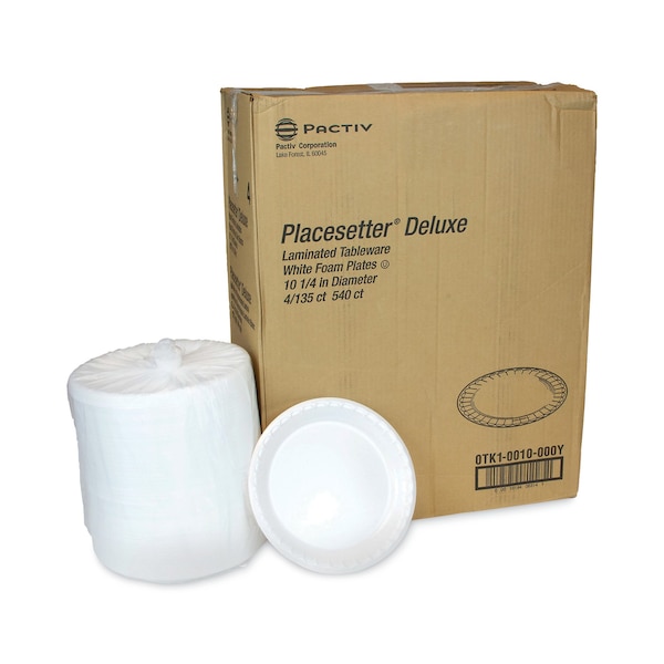 Pactiv Laminated Foam Dinnerware, Plate, 10.25 Dia, White, PK540 - 0TK10010000Y