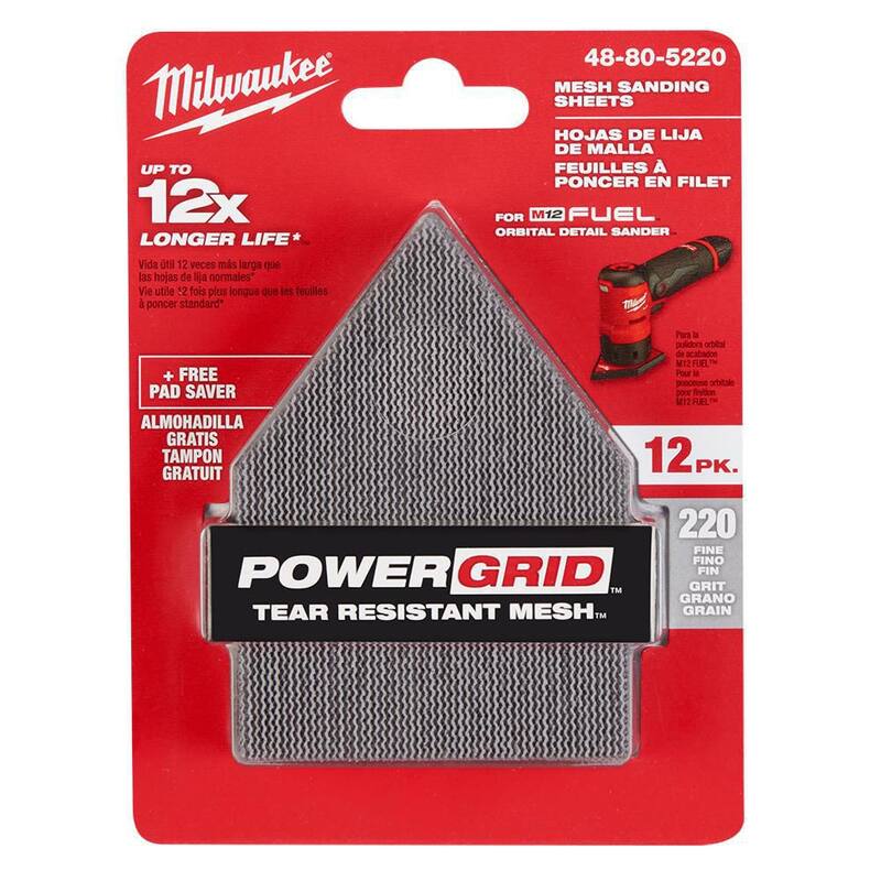Hoja de lijado de malla de grano 220 de Milwaukee de 3-3/4 pulg. (paquete de 12) para M12 FUEL Lijadora orbital de detalle - 48-80-5220.